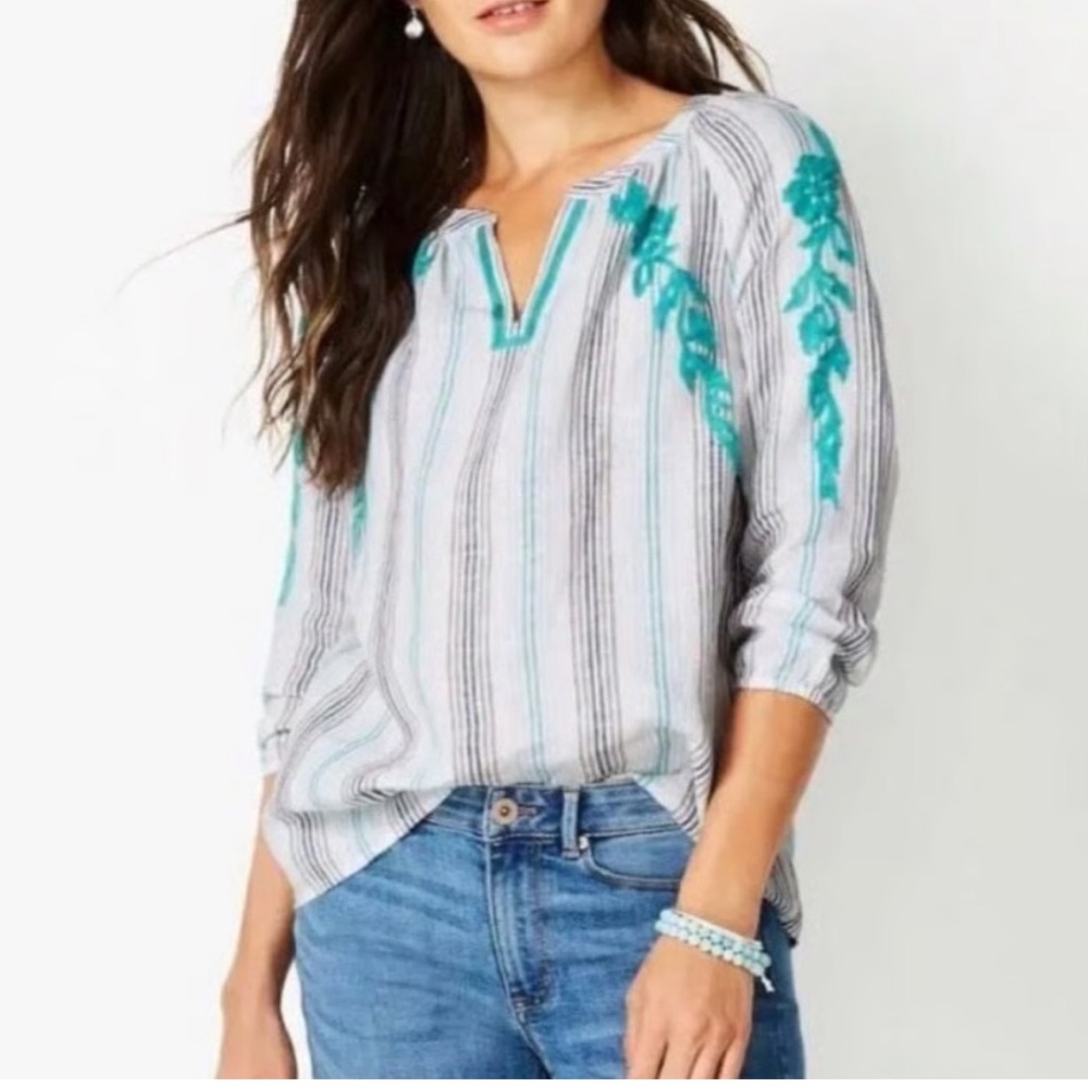 J. Jill Women’s Love Linen Stripes Floral Embroidered Split Neck Blouse Size L